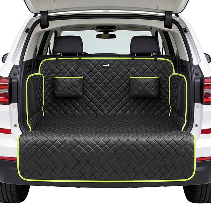 SUV Cargo Liner for Dogs, Upgraded Scratch-proof Leather 14.17" Heightened Side Flaps, 53.15" x40.55" Waterproof Non-Slip Trunk Liner with Bumper Flap, Universal Fit for SUVs Sedans Vans 3-Row SUV by pecute