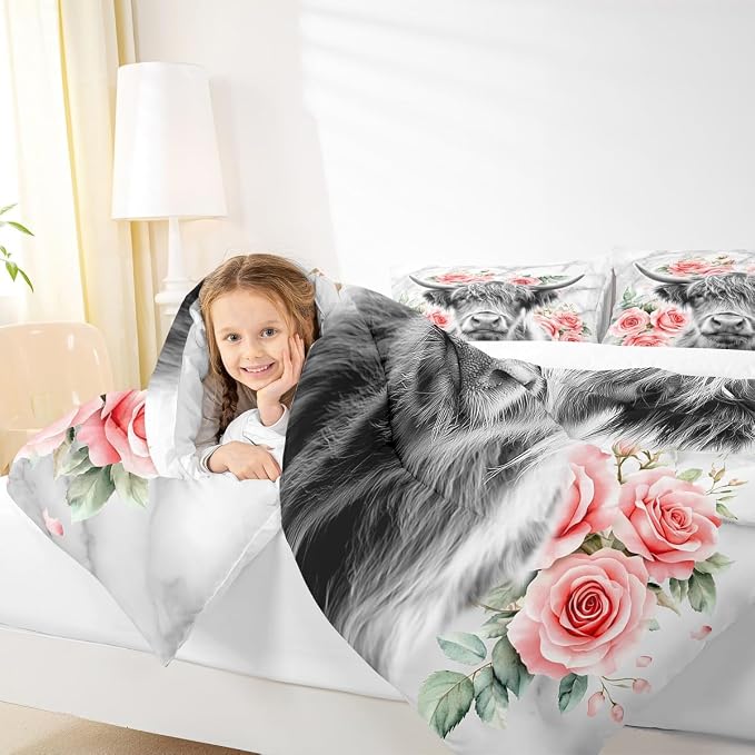 Erosebridal Highland Cow Flower Comforter Set Twin Size Bull Cattle Bedding Set Western Funny Animal Bedding Set Wildlife Farmhouse Cow Quilt Set Rose Grey Marble Comforter Set - Image 6