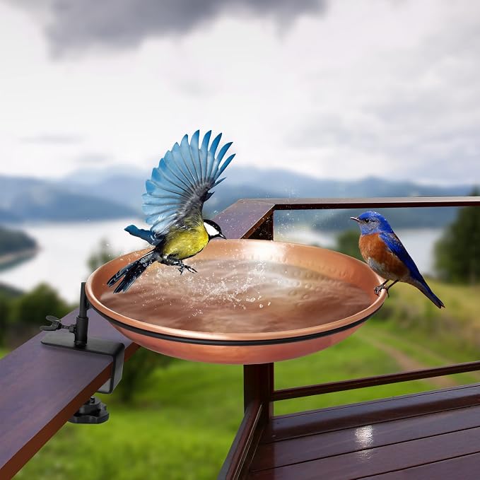Monarch Abode Deck Mounted Bird Bath & Bird Feeder for Outdoors – Pure Copper Hand Hammered Birds Bath Bowl w/Detachable Iron Clamp, Birdfeeder and Birdbath for Outdoors Garden Backyard - Image 2