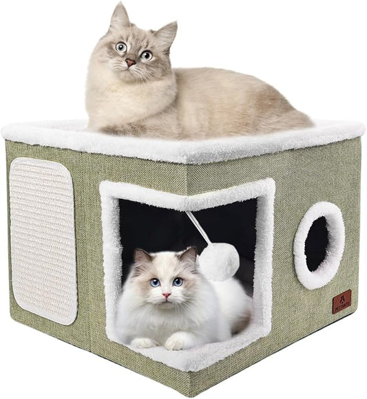 Cat Beds for Indoor Cats, Large Cat Cave Bed with Scratch Pad and Fluffy Ball, Foldable Cat Hideaway, Cat House with Reversible Cushion for Multi Small Pet Up to 30LBS, Green by Unknown