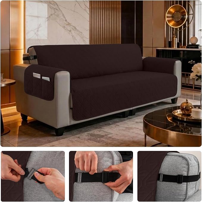 100% Waterproof Quilted Couch Cover,Straps&Pockets,78" Chocolate | Washable sofa cover, pet-friendly, scratch-resistant furniture protector, quilted sofa cover, reversible, non-slip backing. - Image 6