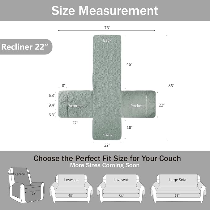Quilted Recliner Covers, Water-Repellent Recliner Slipcovers, Recliner Covers Stay in Place, Pet Friendly Recliner Cover for Dogs, Washable Chair Protector (Recliner 22", Sage Blue) - Image 6