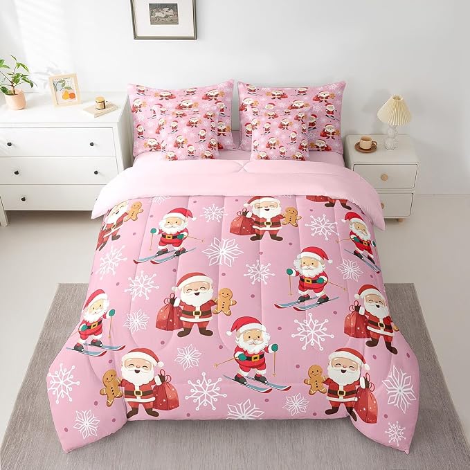 Erosebridal 7Pcs Cute Santa Claus Comforter Set King Size,Xmas Gingerbread Bedding Set for Kids Boys Girls,Christmas Snowboard Snowflake Bed in A Bag,Pink Christmas Quilt with Flat Fitted Sheet - Image 3