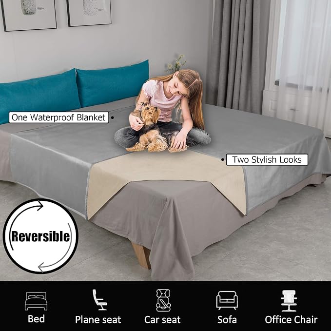 Ameritex Pet Bed Blanket Reversible 100% Waterproof Velvet Super Soft for Sofa and Bed (52x82 Inches, Light Grey+Beige) - Image 5