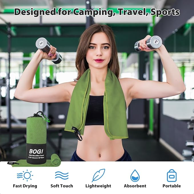 BOGI Microfiber Travel Sports Towel-Quick Dry Travel Towel,Soft Lightweight Absorbent Compact for Camping Gym Beach Bath Yoga Swimming Backpacking (L:60''x30''+16''x16''-AGreen) - Image 6