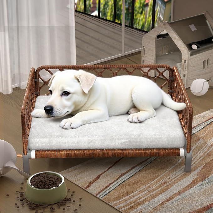 Dog Bed with Egg Crate Foam Support, Brown PE Wicker Orthopedic Pet Couch Bed with Washable Removable White Cushion, Outdoor Dog Sofa Bed for Medium, Small Dogs by HLNPTN