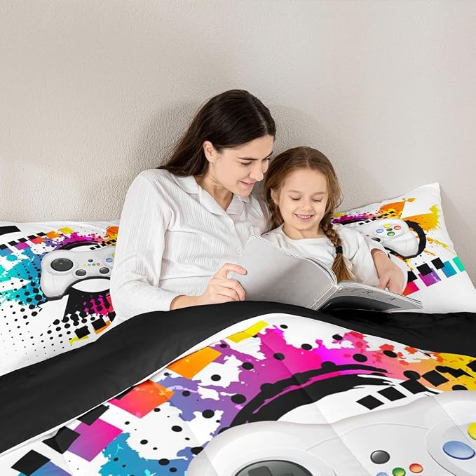 Kids Gaming Comforter Set Queen Gamer Bedding Set, Modern Console Game Controller Duvet Set For Boys Girls Teens, White Gamepad Quilt Set, Tie Dye Colorful Comforter Set Grey White Soft Bedding Set - Image 5