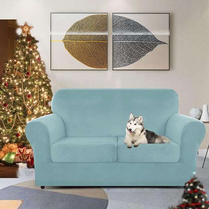 ZNSAYOTX Luxury Velvet Sofa Cover 3 Piece (57"-70") Stretch Loveseat Covers for 2 Cushion Couch Thick Soft Couch Slipcover with Non Slip Strap, Dog Pet Friendly Nice Furniture Protector (Stone Blue) - Image 2
