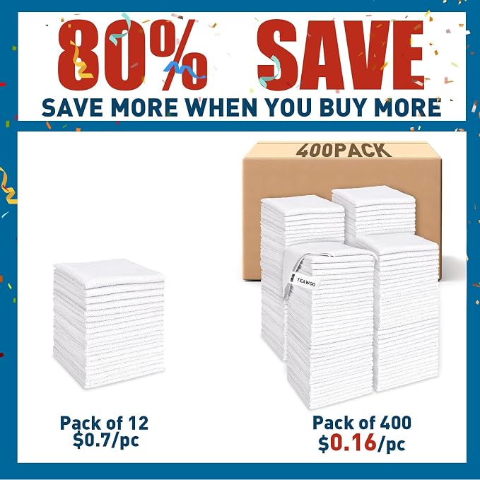 TEAWOO White Microfiber Cleaning Cloths Bulk-400 Pack, Cleaning Rags White | Microfiber Towels Bulk, Towels for Cars,(12x12 inches) - Image 2