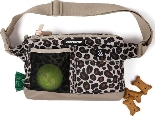 Cleverpup Walk & Train 2-in-1 Dog Walking Bag - Hands-Free Training Crossbody Sling & Fanny Pack with Treat Pouch, Poop Bag Holder, Phone Pockets - Adjustable Waist or Shoulder Strap - Leopard by Cleverpup
