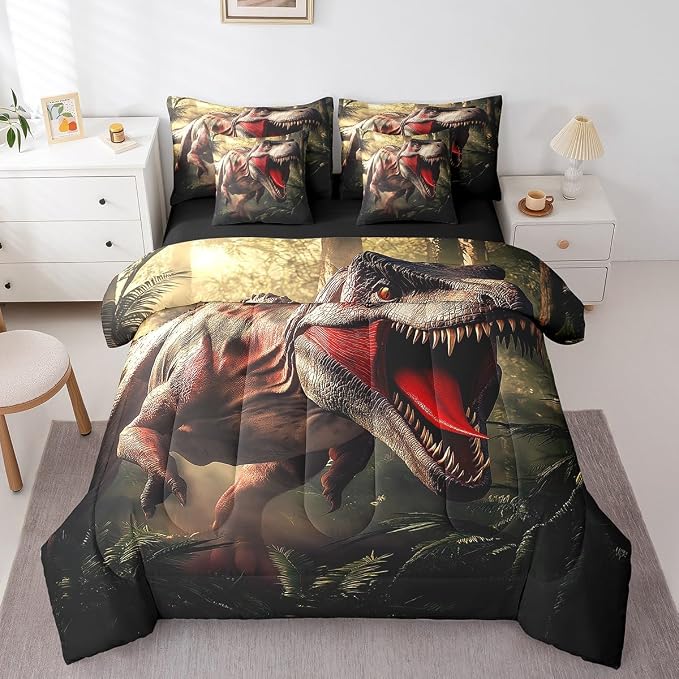 Erosebridal Dinosaur King Bedding Set - Fierce Animal Bed in A Bag,Forest Jungle Theme Comforter Sets with Sheets, Wild Animal Print 7 Pieces Bed Set Bedroom Decor by Erosebridal
