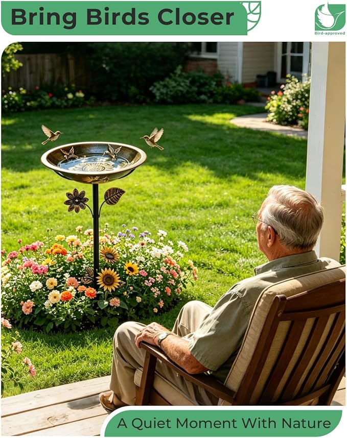 13" Metal Bird Bath for Outside – Hummingbird Embossed Garden Birdbath Bowl with Stake | Adjustable Height Outdoor Bird Bath, Removable Bowl, Rust Resistant Yard Lawn Decor - Image 8