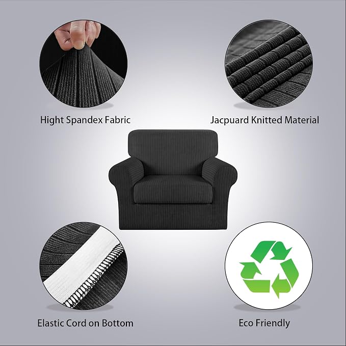 Armchair Cover Stretching Skid Resistance Couch Cover for Pets Washable, Thick and Durable Soft High Spandex Striped Pattern Sofa Covers, Form Fitted Chair Slipcover(Armchair, Black) - Image 2