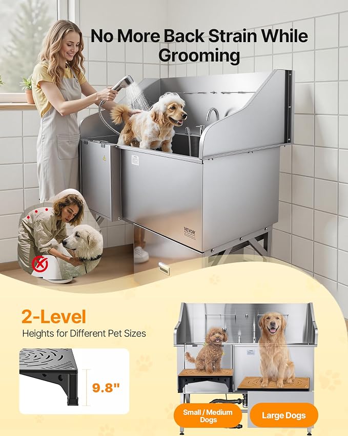 VEVOR Professional 304 Stainless Steel Dog Bathing Station, 61 inch Pet Grooming Tub w/Anti-Slip ramp, Storage Drawer, Cold Hot Faucet Showerhead, for Large & Medium & Small (Left Door, with Drawer) - Image 3