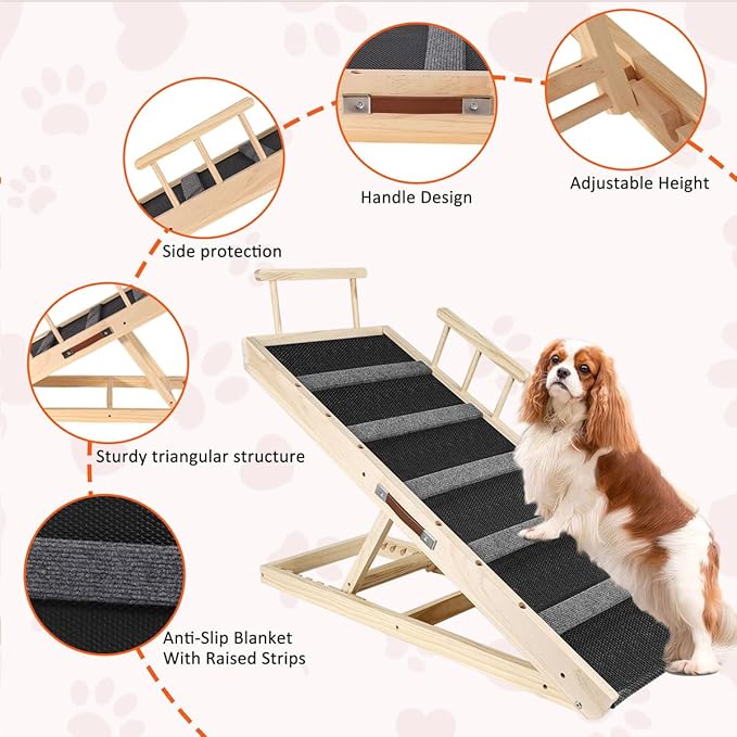 GaliGali Dog Ramp, Adjustable Portable Folding Pet Ramp, Grey 43.3" Long Wooden with Non-Slip Traction Pad for Small Old Dogs and Cats, Applies to Sofa, Couch, Car NO.GGPTZHI-110
