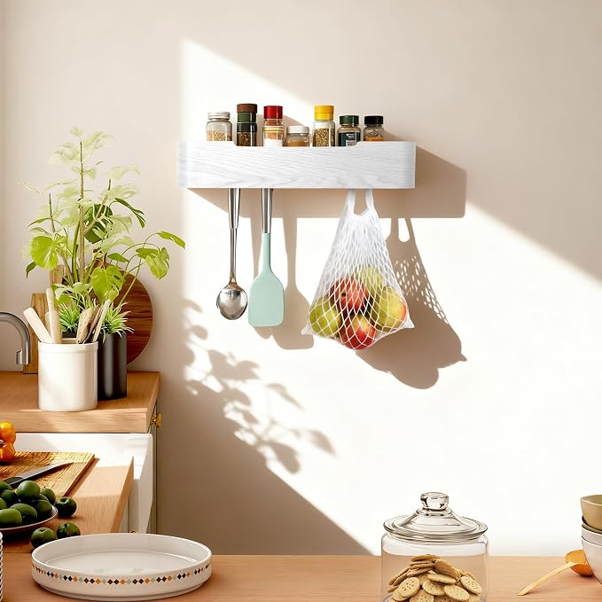Coat Rack Wall Mount with Shelf Entryway Shelf Modern Key Holder Hanger Wall Shelves with Hidden Hooks for Hanging Towels Coats Hats Bags for Hallway Bathroom Bedroom (White, 5 Hooks) - Image 7