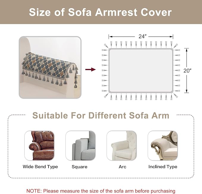 Loom and Mill Chenille Sofa Arm Covers 2 PCS, Blue-Grey+Khaki+Beige,20x24in | Elegant Checkered Jacquard Couch Armrest Cover with Tassels, Non-Slip Furniture Protector for Chair Sofa Couch Dogs Pets - Image 3