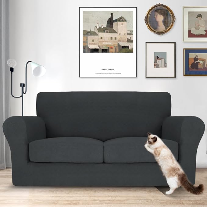 MAXIJIN 3 Piece Couch Covers for 2 Cushion Couch loveseat Cover, Stretch Love Seat Sofa Slipcovers for Dogs Pet, Thick Furniture Protector with 2 Seat Cushion (55"-69", Gray) - Image 2