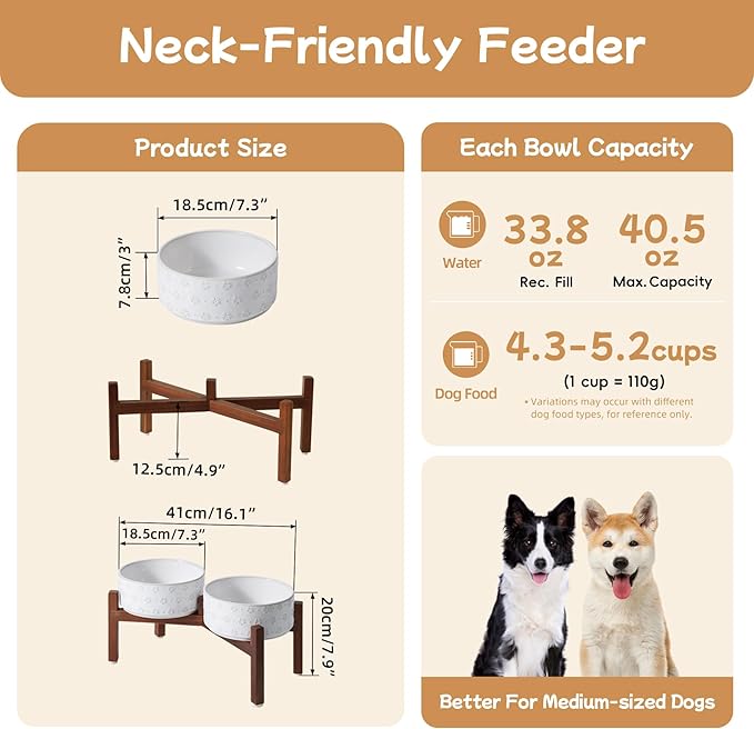 Havniva Elevated Dog Bowls, Ceramic Raised Dog Bowl with Stand | 7.3” Dog Food Bowls Elevated, Dog Food and Water Bowl Set, Non-Slip Acacia Wood Stand, Medium Dogs Bowl, 5 Cups 41 oz - Image 2