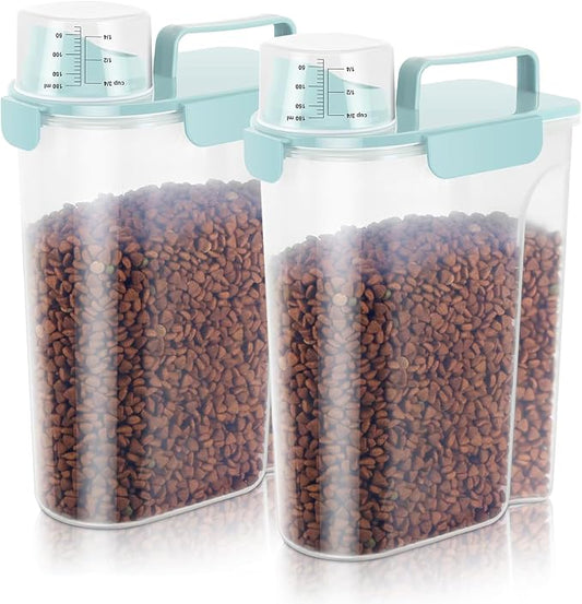 5-7LBS Dog Cat Storage Container Portable with Upgraded Large Spout and Cup, Plastic Pet Food Dispenser for Small Animal Kibble, Bird Seed, Oatmeal, Rice, Flour, Brown Sugart-2 Pack Light blue by LEAWALK