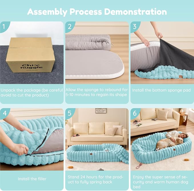 ChiXnuggle Orthopedic Human Dog Bed,Striped Faux Fur Washable Cover,Blanket | blue,72*40*10,giant dog bed for adult or extra large dogs,egg crate foam,non-slip bottom - Image 7