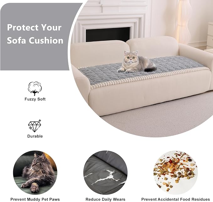 DREAMINGO Fuzzy Pet Couch Cover with Geometric Jacquard, Washable & Non-Slip Sofa Covers for 3 Cushion Couch, Plush Dog Bed Mat for Sofa Cushion Protector 27.6x70.9 Inch, Light Grey - Image 3