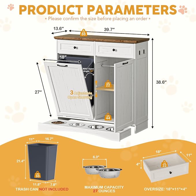 39.7’’W Dog Feeding Station, Tilt-Out Dog Food Cabinet for Multi-Pets, Pet Feeder Station with 4 Feeding Bowls, Dog & Cat Storage Organizer with Hanging Rod, (White, Dual Doors) - Image 2