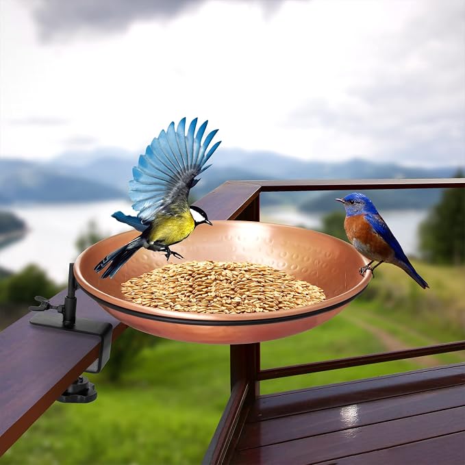 Monarch Abode Deck Mounted Bird Bath & Bird Feeder for Outdoors – Pure Copper Hand Hammered Birds Bath Bowl w/Detachable Iron Clamp, Birdfeeder and Birdbath for Outdoors Garden Backyard - Image 5