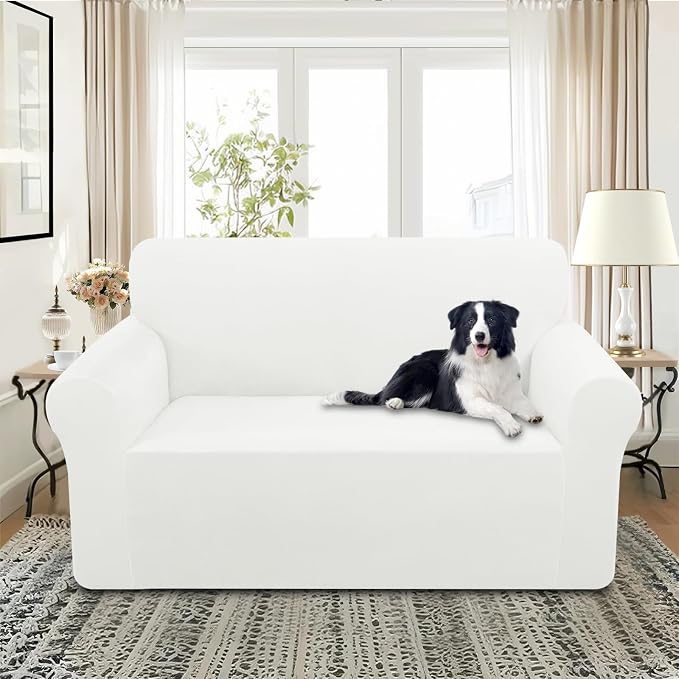 U-NICE HOME Velvet Loveseat Sofa Covers Stretch Couch Cover Furniture Protector Sofa Slipcover for Dogs (Medium, Off White) - Image 2
