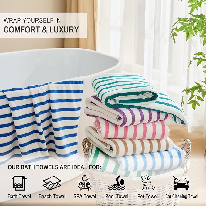 JML Microfiber Bath Towel Sets, 4 Pack, 27" x 55", Cabana Stripe Blue | Soft, Super Absorbent, Fast Drying Bath Towel Set for Swimming, Pool, Summer Beach Party - Image 6