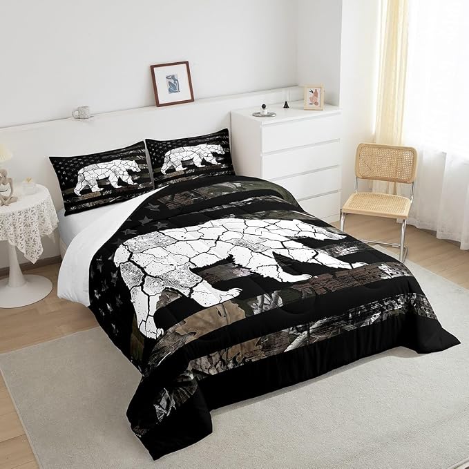 Manfei Wild Bear Down Comforter Set King Size,Wildlife Animal Camo Rustic Style Duvet/Quilt Set Soft Bed Collection Black Stripes Branch American Flag Bedding Comforter for Boys Girls Bedroom,3 Pcs - Image 4