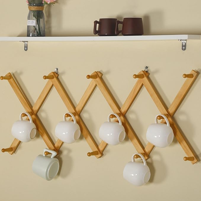 SKOLOO Hat Rack for Wall with 14 Hooks, Pack of 2, Solid Wooden, Modern, Expandable Coat Rack Wall Mount for Coats, Hats, Bags, Baseball Caps, Natural Color - Image 2