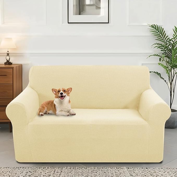 Stretch loveseat Covers Washable Sofa Slipcover, Beige | 1 Piece Couch Covers for Sofa Furniture Protector with Non Skid Foam and Elastic Bottom for Kids, Dogs by LuxshareHome