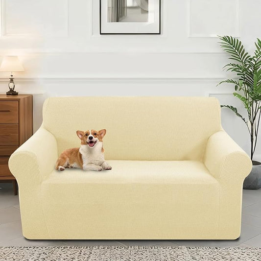 Stretch loveseat Covers Washable Sofa Slipcover, Beige | 1 Piece Couch Covers for Sofa Furniture Protector with Non Skid Foam and Elastic Bottom for Kids, Dogs by LuxshareHome