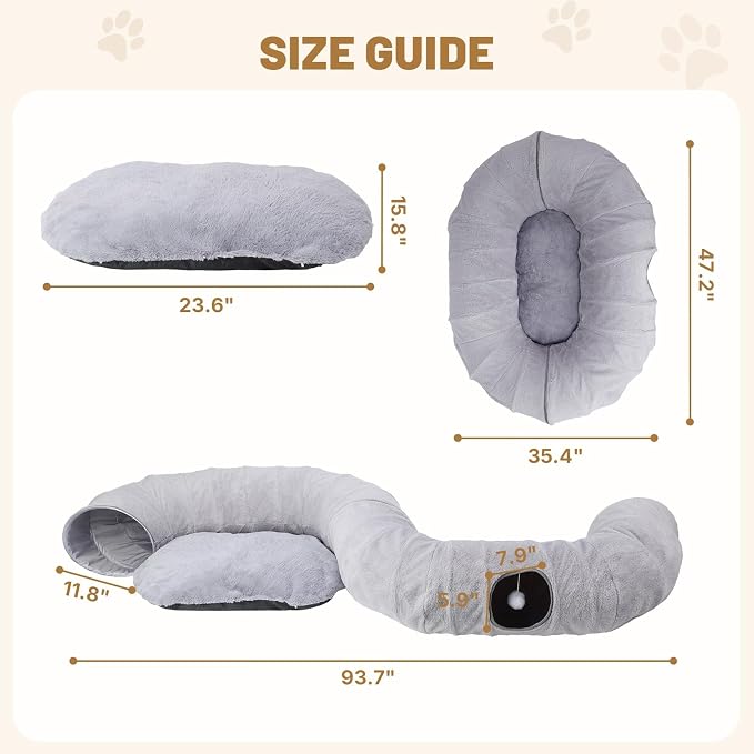 Extra Large Cat Tunnel, 47.2in Multi-Cat Family Big Cat Tunnel for Cats, Long Cat Tunnel Bed with Washable Plush Mat, XXL Pet Play Tunnel Toy for Cats, Puppy, Rabbits Grey - Image 5