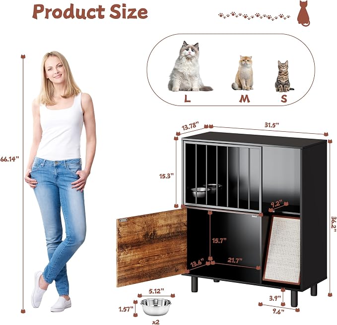 Dog Proof Cat Feeding Station, Cat Feeding Station Furniture with Storage and Cats Scratching Board, 2 Raised Pet Food and Water Bowl for Indoor Cats, Large Pet Cabinet - Image 3