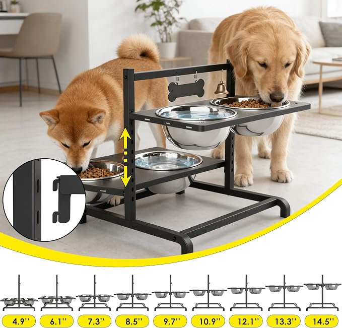 SHAINFUN Elevated Dog Bowl Stand with 4 Stainless Steel Bowls (58oz) & 1 Slow Feeder, 9 Height Adjustable Raised Dog Bowl from 4.9" to 14.5" for Large Dogs & Multi-Pet Homes - Image 4