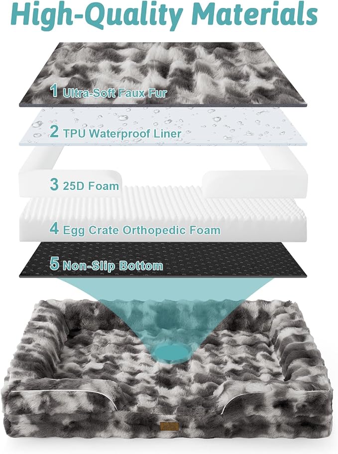 COZY KISS Orthopedic Dog Bed for Large Medium Size Dog, Soft and Warm Faux Fur Sofa for Pet Up to 75 lbs, Foam Bolster Anti-Slip Couch with Washable Removable Cover, L 36x27x6.5 inch, Tie Dye Grey - Image 7