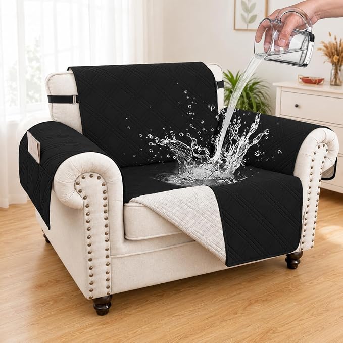 100% Waterproof Couch Cover for Dogs, Anti-Slip Washable Sofa Cover with Elastic Straps & Side Pockets, Durable Furniture Protector for Kids, Pets & Dogs (Armchair 23", Black) by Unknown