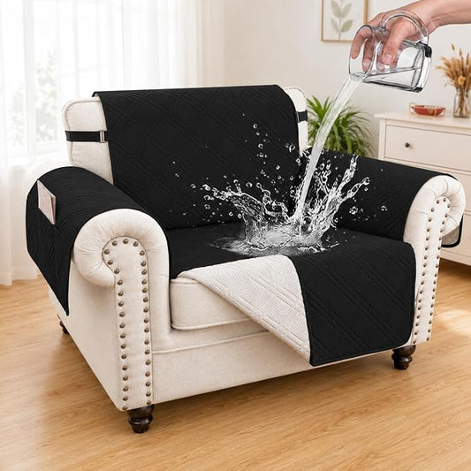100% Waterproof Couch Cover for Dogs, Anti-Slip Washable Sofa Cover with Elastic Straps & Side Pockets, Durable Furniture Protector for Kids, Pets & Dogs (Armchair 23", Black) by Unknown
