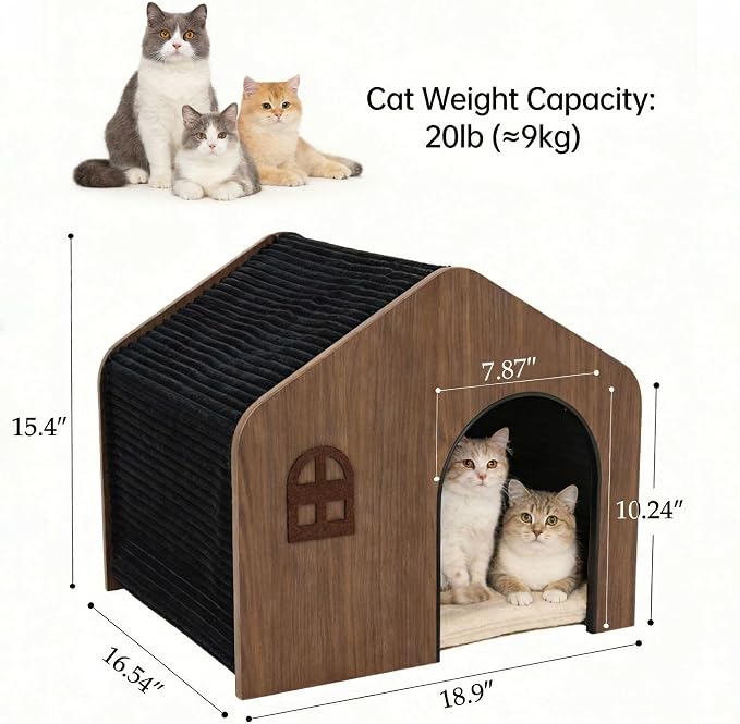 Wooden Cat House for Indoor Cats - Plush Corduroy Semi Enclosed Cat Condo, Dual Sided All Season Washable Cat Bed, Sturdy Modern Cat Furniture for Small & Medium Cats Up to 20lb/9kg - Image 2