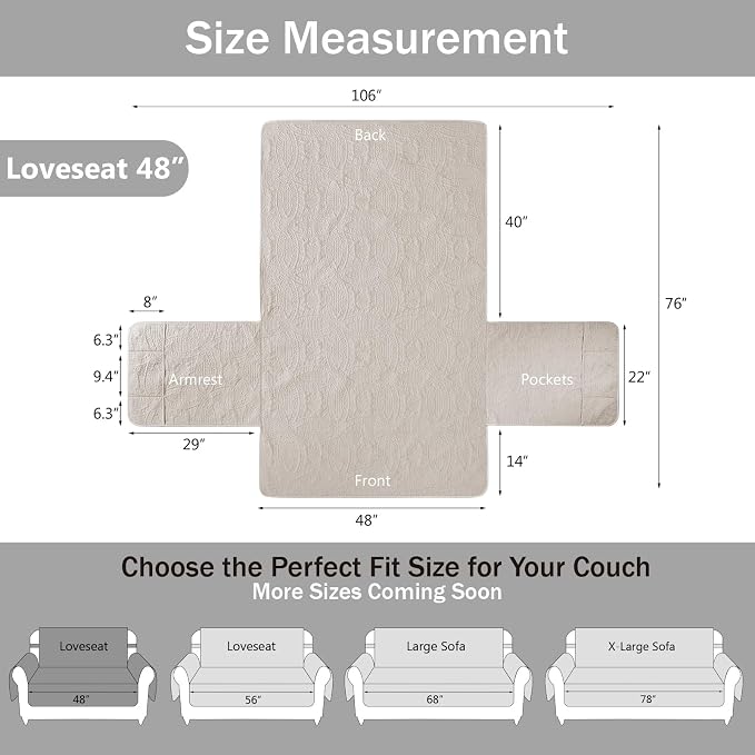 Beige Loveseat Covers for 2 Cushion Couch, Water-Repellent Quilted Covers for Sofa, Machine Washable Love Seat Couch Covers, Pet Friendly Loveseat Slipcovers (Loveseat 48", Beige Cream) - Image 7
