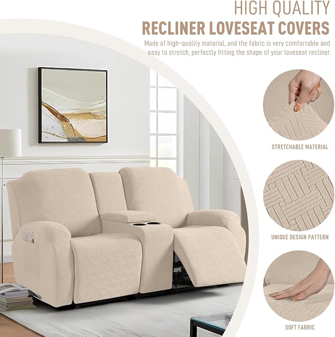 KinCam Loveseat Recliner Covers with Middle Console Slipcover, Vanilla | Stretch Recliner Sofa Covers for 2 Seat Couch Cover, Jacquard Furniture Protector Covers with Elastic Bottom for Kids, Pets - Image 3