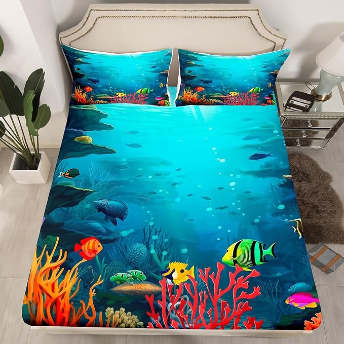 Underwater World Bedding Set,3D Sea Turtle Tropical Fish Coral Bed Sheet Set for Kids Boys Girls Adults,Sealife Ocean Creature Fitted Sheet,Aquatic Animal Flat Sheet 4Pcs Soft Sheet Set,Full Size - Image 2