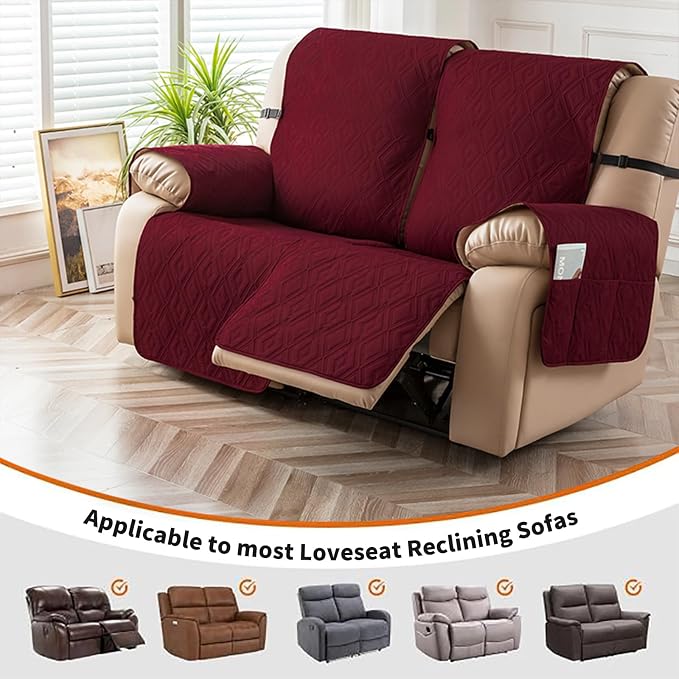 Genina Waterproof Loveseat Recliner Cover Non-Slip, Sofa Cover for Reclining Couch 2 Seat, Washable Couch Cover Loveseat Furniture Protector Cover for Pets Dogs Kids (Wine Red, Recliner Loveseat) - Image 4