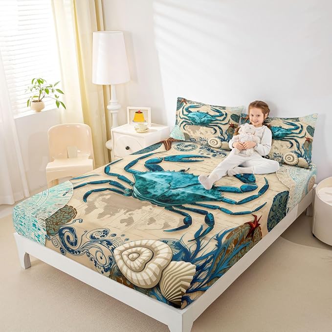 Beach Theme Bedding Set Kids Beach Crabs Print Full 4 Piece Sheet Set 3D Crab Luxury Microfiber Bed Sheets Set (1 Fitted Sheet, 1 Flat Sheet, 2 Pillowcases)Soft Cute Marine Life Decorative Bedding - Image 5
