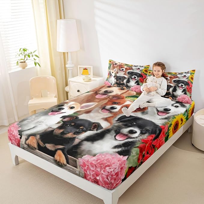 Dog Sheet Sets for Boys Kids Kawaii Room Decor Bedding Cute Pet Puppy Flat Sheet Toddler Lovely Kawaii Pug Top Sheet German Shepherd Fitted Sheet Bedroom Collection 4Pcs Bed Sheet, Queen Size - Image 4