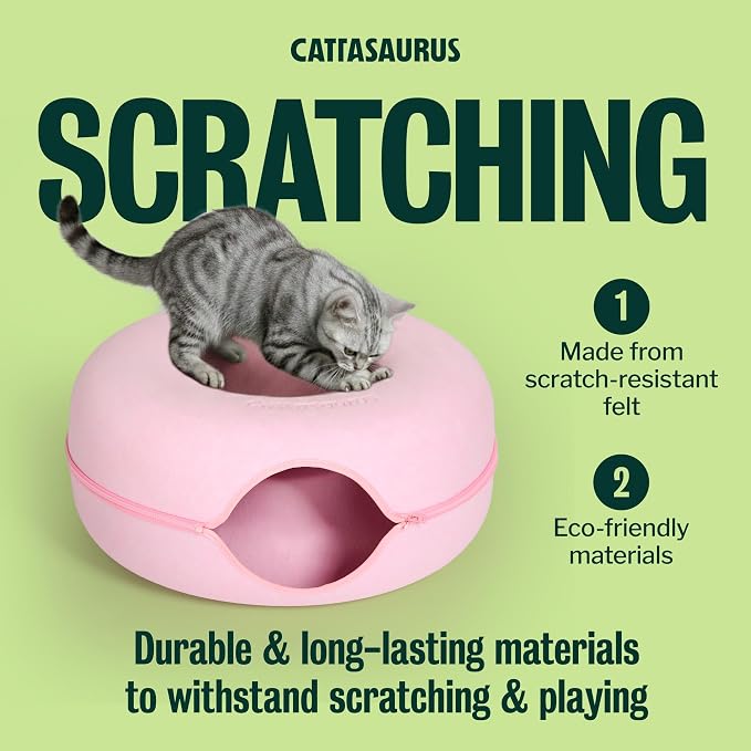 Cattasaurus Peekaboo Cat Cave Donut for Multiple & Large Cats up to 30-45 lbs, 3-in-1 Self Warming Cat Bed, Tunnel & Scratcher for Indoor Cats, Washable & Detachable Small Dog Bed (Pink, Large) - Image 5