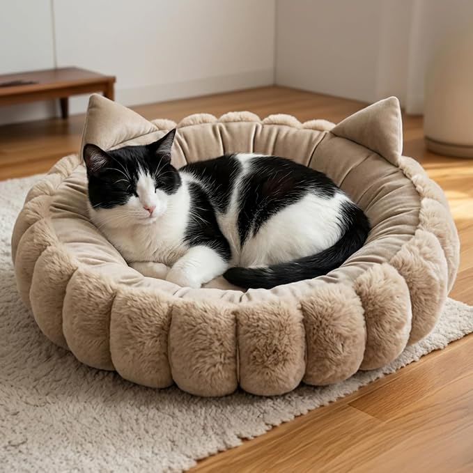 Premium Feline Space 24 Inch Washable Cute Fluffy Large Cat Beds for Indoor Cats, Fuzzy Faux Fur Calming Lounger with Ears, Cozy Warm Pet Nest, Thick Private Fortress by Unknown