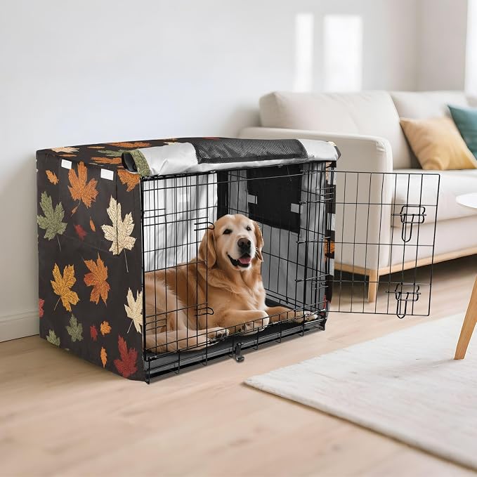 Dog Crate Cover Kennel Cover for Dog Cages Breathable for Wire Cage Indoor Outdoor Maple Leaves Black - Image 6